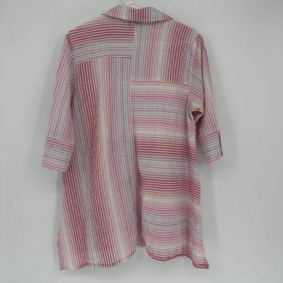 Habitat Shirt Womens Medium Pink White Stripe Button Up 3/4 Sleeve Tunic Blouse - Picture 6 of 10